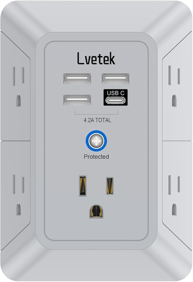 Outlet Extender, Surge Protector Outlet with 5-Multi Plug Outlet and 4 USB Ports(1 USB C), 3-Sided 1680J Power Strip Wall Charger, Multiple-Plug Outlet Splitter for Home Travel Office,ETL Listed,Grey