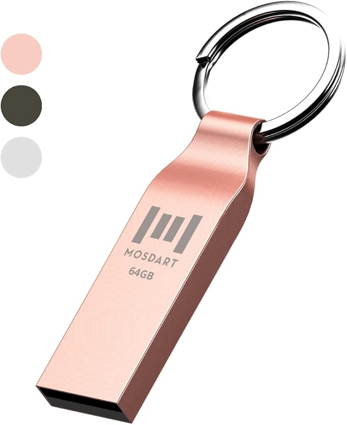 MOSDART Waterproof 64GB USB2.0 Flash Drive, exFAT Metal Memory Stick with Keychain, for System Back, Data Storage, Rose Gold