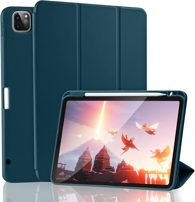 Case for iPad Pro 12.9 Case 6th/5th/4th Generation (2022/2021/2020) with Pencil Holder [Apple Pencil Wireless Charging] Soft TPU Smart Trifold Stand Protective Cover (Peacock Blue)