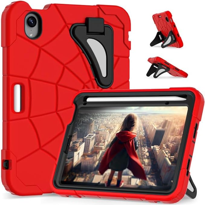 AKABEILA Compatible with Apple iPad Mini 6 2021/iPad Mini 7 2024 Tablet Case，Lightweight Shockproof Rugged Protective Cover with Kickstand for Kids Children Boys Babies Red Black