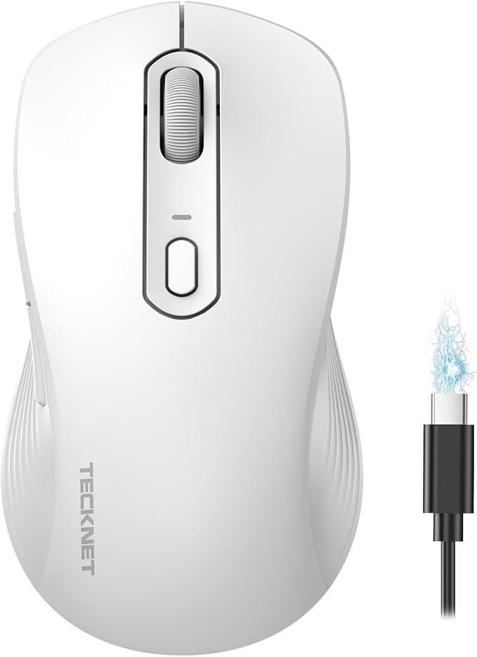 TECKNET Rechargeable Bluetooth Mouse, [ USB + BT5.0 + BT3.0 ] Wireless Mouse, Ergonomic Design, Silent Click, 6-Level 4800 DPI Wireless Mice, 3-Device Switching for Laptop, Computer, MacBook（White）