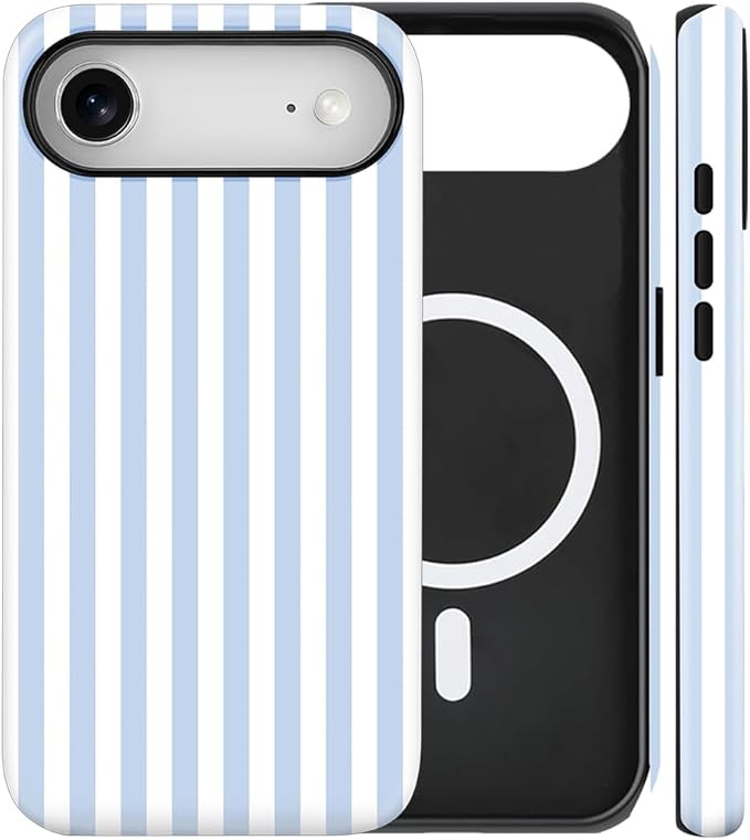 Magnetic for iPhone 17 Air Case Cute Stripes Phone Case, Shockproof Slim TPU and Hard PC Protective Phone Cover Compatible with MagSafe Designed for Women Girls, Blue and White