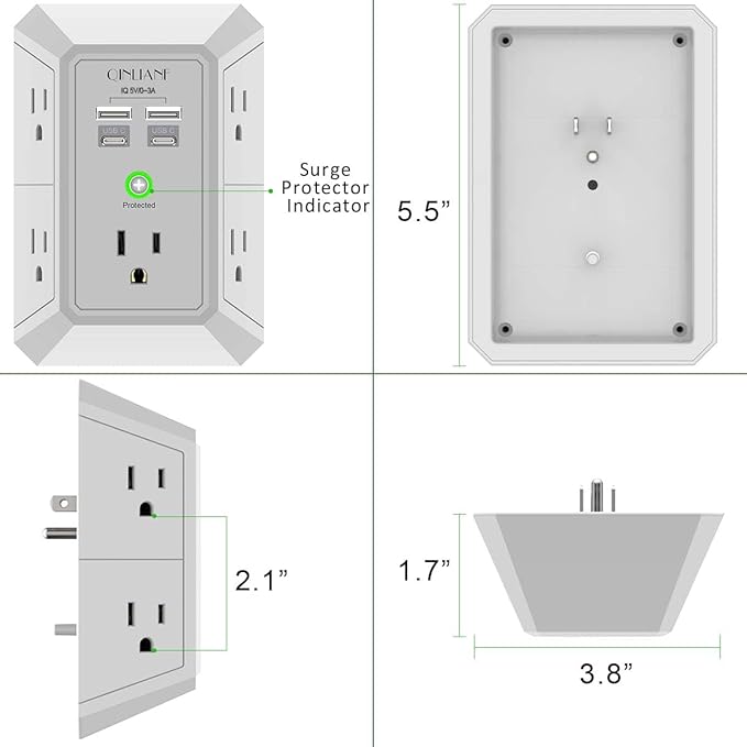 USB Wall Charger, Surge Protector, QINLIANF 5 Outlet Extender with 4 USB Charging Ports(2U2C) 3-Sided 1680J Power Strip Multi Plug Outlets Wall Adapter Spaced for Home Travel Office, Grey