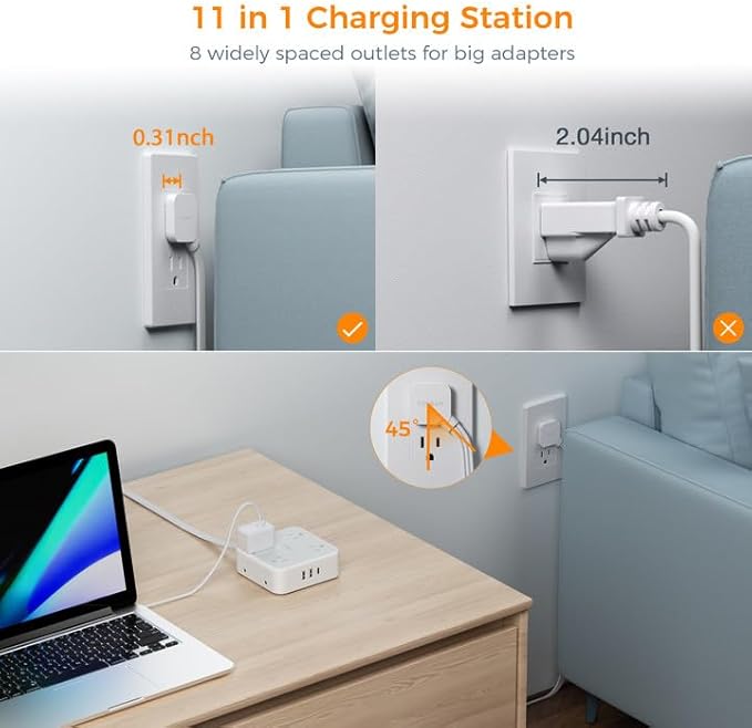 TESSAN Surge Protector Power Strip, 20 Ft Flat Plug Extension Cord with 3 USB (1 USB C) 8 Outlets, 1250W, 900J Protection, 3 Sided Outlet Extender with Power Switch for Office, Dorm Room, Grey