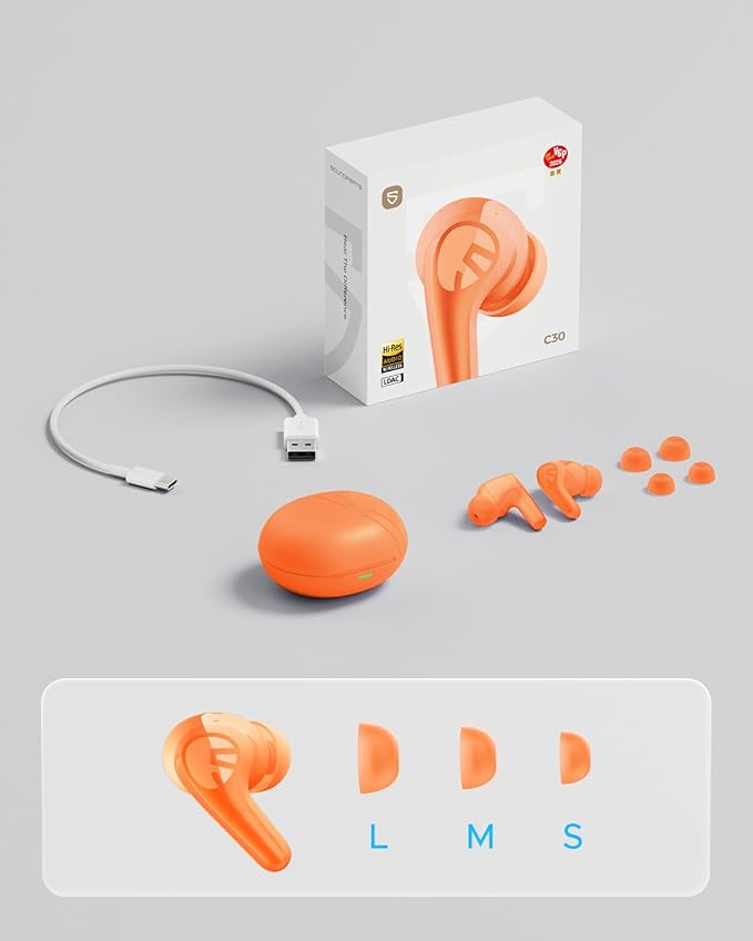 SoundPEATS C30 Hybrid ANC Earbuds, LDAC Hi-Res Audio, 52H Playtime, 52dB Adaptive Noise Cancelling Wireless Earbuds, 6-Mic Clear Call, 12mm Driver, Bluetooth 6.0, Multi-Point, IP54 - Orange