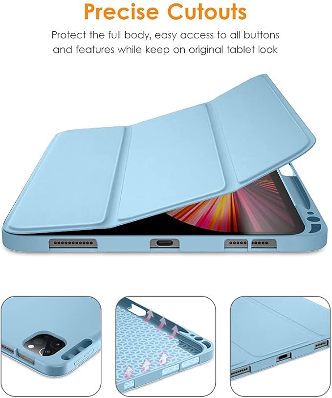 DTTO for iPad Pro 11 inch 4th/3rd/2nd/1st Generation 2022/2021/2020/2018 Case, Smart Slim Trifold Stand Soft TPU Back Cover with Built-in Pencil Holder, Also Fit iPad Air 5/4,Sky Blue