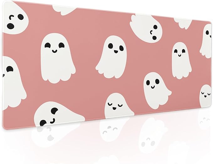 Halloween Cute Ghost Mouse Pad Kawaii Cartoon Spooky Funny Spirit Extended Desk Mat Non-Slip Rubber Base Stitched Edge Large XL Pink White Mousepad for Desk Gaming Laptop Desktop,31.5×11.8 Inch