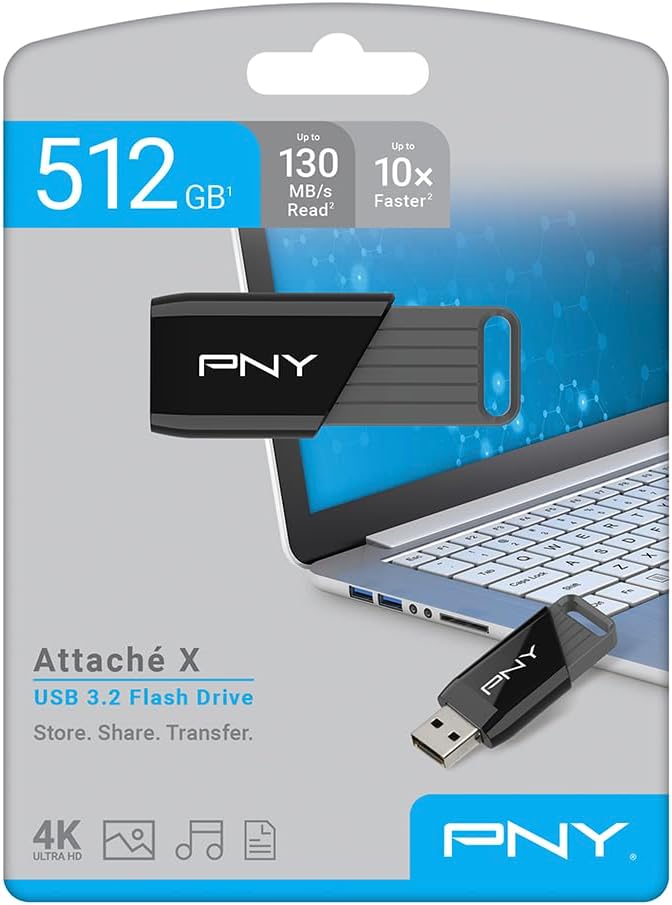 PNY 512GB Attaché X USB 3.2 Gen 1 Flash Drive, Advanced Performance Up to 130MB/s Read, Everyday Data Store & Transfer, Reliable Portable Storage, Durable, Type-A, Computers, Laptops, Desktops