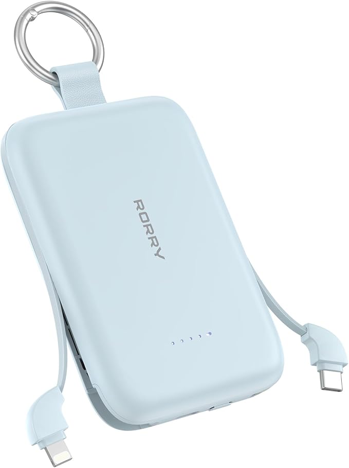 RORRY CharmGo Portable Charger, 10000mAh PD 30W Fast Charging Portable Charger Power Bank with Built-in Cables, Travel Keychain Charger Battery Pack for iPhone 17/16/15, for AirPods 2/3/4/Pro, Blue