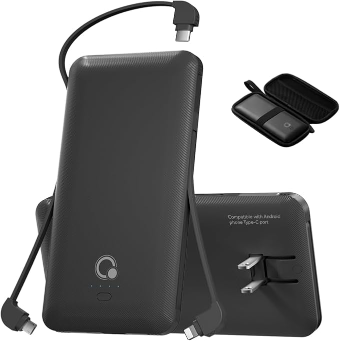 Brand Q Portable Charger with Built-in Cables and AC Wall Plug,Slim USB C Travel Essential Power Bank 10000mAh,External Battery Pack Compatible with iPhone,Samsung,Tablet and All Smart Phones