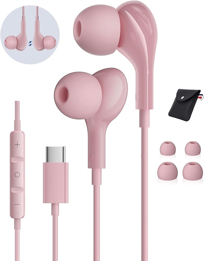 USB C Headphones for iPhone17 16 Pro Max 15 Plus iPad Pro Samsung Galaxy S24 S23 Ultra S26 S25 S22 S21 Wired Earbuds Magnetic in-Ear Type C Earphone with Microphone Volume Control HiFi Stereo Pink
