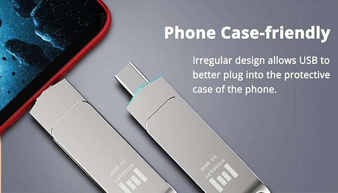 MOSDART 64GB USB C 3.2 Fast Speed C and A Dual Flash Drive, exFAT Memory Stick with Keychain Loop, for iPhone 15,16,17, Android Phone, iPad, MacBook, Silver(Pack of 2)