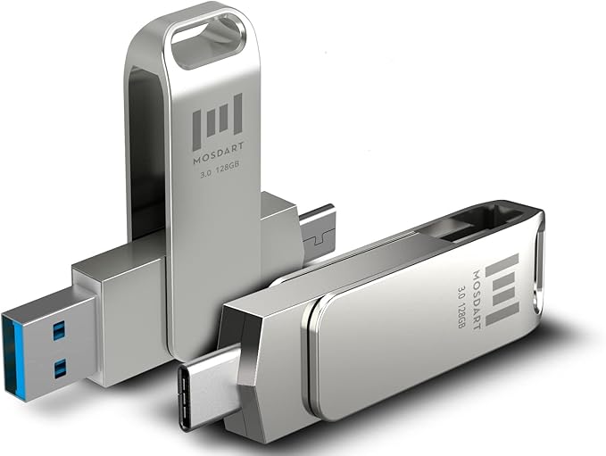 MOSDART 128GB USB C 3.2 Fast Speed C and A Dual Flash Drive, exFAT Memory Stick with Keychain Loop, for iPhone 15,16,17, Android Phone, iPad, MacBook, Silver(Pack of 2)