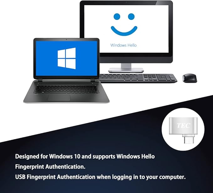 TEC Type-C Fingerprint Reader for Windows 10 Hello, TEC TE-FPA-C Bio-Metric Fingerprint Scanner PC Dongle for Password-Free and File Encryption, 360° Touch Speedy Matching Security Key