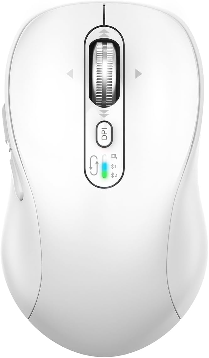Wireless Bluetooth Mouse Rechargeable,USB+BT×2,Multi Device Quiet Ergo Computer Mouse,Metal 4-Way Super Scrolling,± 3200 DPI,10 Button,Plug&Play,Cordless Mice for Laptop,Tablet,Mac,iPad,PC,Phone-White
