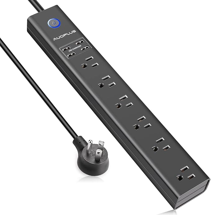 AUOPLUS 10FT Surge Protector Power Strip, 6 AC Outlets with 4 USB Ports, Long Extension Cord Flat Plug(1250W/10A/2100J) Wall Mount Power Strips for Computer Home Office Dorm - Black