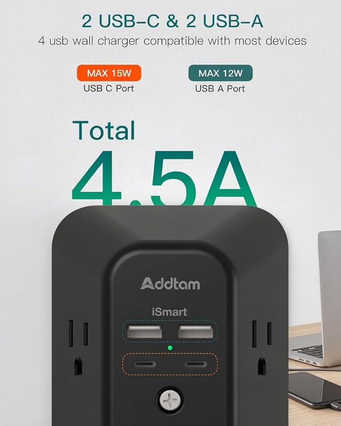 Addtam 5-Outlet Extender Surge Protector, Multi Plug Wall Outlet with 4 USB Wall Charger(2 USB C), Outlet Splitter Power Strip for Home Office Dorm Room Essentials, Plug Extension Outlet 1800J, Black