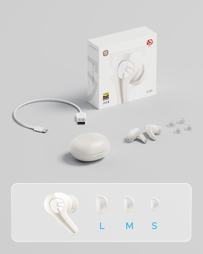 SoundPEATS C30 Hybrid ANC Earbuds, LDAC Hi-Res Audio, 52H Playtime, 52dB Adaptive Noise Cancelling Wireless Earbuds, 6-Mic Clear Call, 12mm Driver, Bluetooth 6.0, Multi-Point, IP54 - Beige