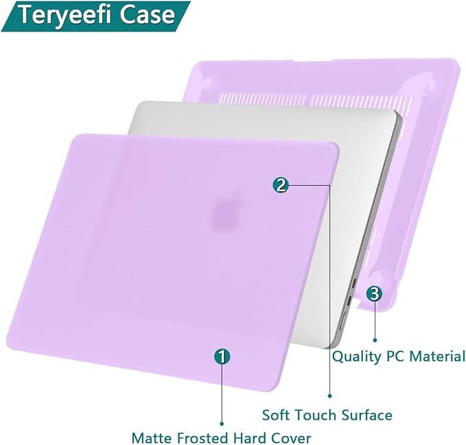 Teryeefi Compatible with MacBook Air 13.6 inch M2 M3 M4 M5 Case 2022-20252026 Model A2681/A3113/A3240/A3449, Laptop Hard Shell Case & Keyboard Cover & USB 3.0 Adapter, Frosted Purple