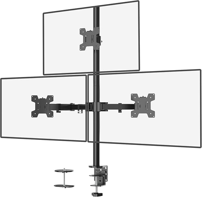 WALI Tall Triple Monitor Mount for 13-27 inch Computer Screens, 3 Monitor Desk Mount, Holds up to 22 lbs, Adjustable Triple Monitors Stand with Swivel Tilt Rotation, 75x75/100x100mm (M003), Black