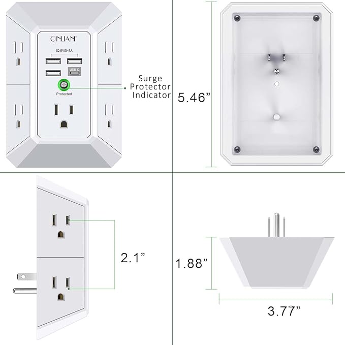 Wall Charger, Surge Protector, QINLIANF 5 Outlet Extender with 4 USB Charging Ports, 3-Sided 1680J Power Strip Multi Plug Adapter Spaced for Home Travel Office