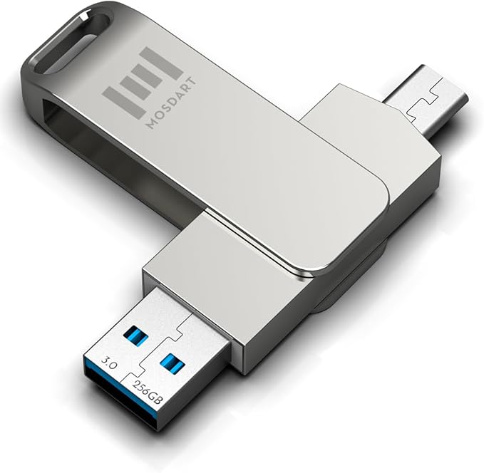 MOSDART 256GB USB C 3.2 Fast Speed C and A Dual Flash Drive, exFAT Memory Stick with Keychain Loop, for iPhone 15,16,17, Android Phone, iPad, MacBook, Silver