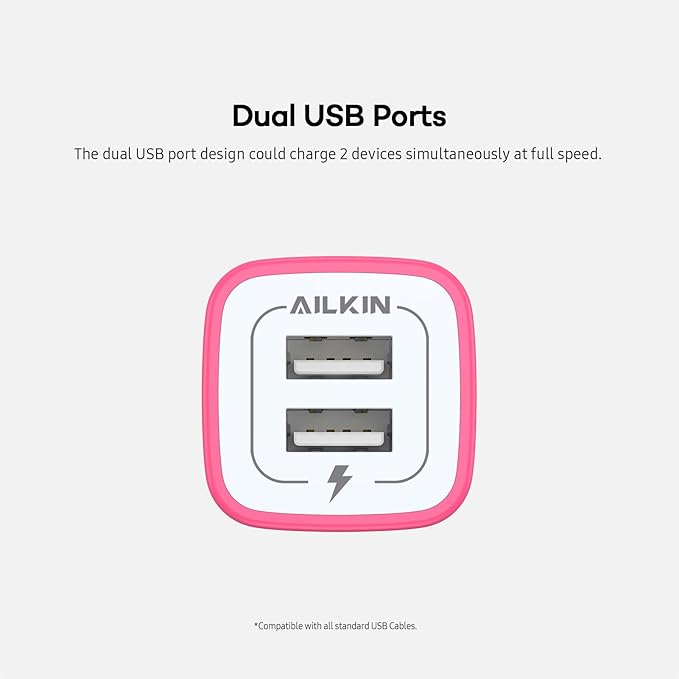 AILKIN 2 Pack Dual USB Wall Chargers, 2.1A, Compatible with iPhone, Samsung, LG, Moto, Kindle, Fast Charging, UL Certified