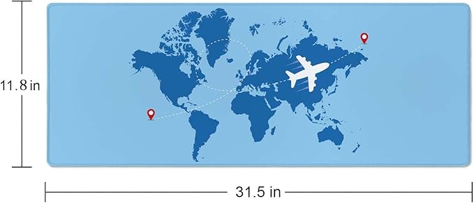 World Map with Airplane Desk Mat Blue Large Mouse Pad XL Extended Gaming Mousepad Keyboard Mouse Mat Desk Pad for Computer Laptop 31.5''X11.8'' Non-Slip Rubber Base with Stitched Edges