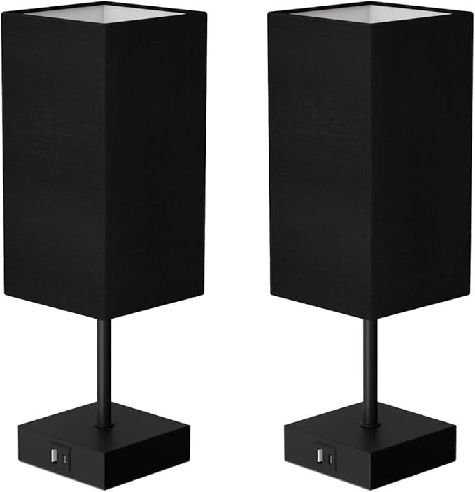 Bedside Table Lamps Set of 2, Touch Bedroom Lamp with USB C+A Charging Ports, 3 Way Dimmable Lamps for Night Stands, Small Table Lamp for Bedroom Decor, LED Bulbs Included, Upgraded Black