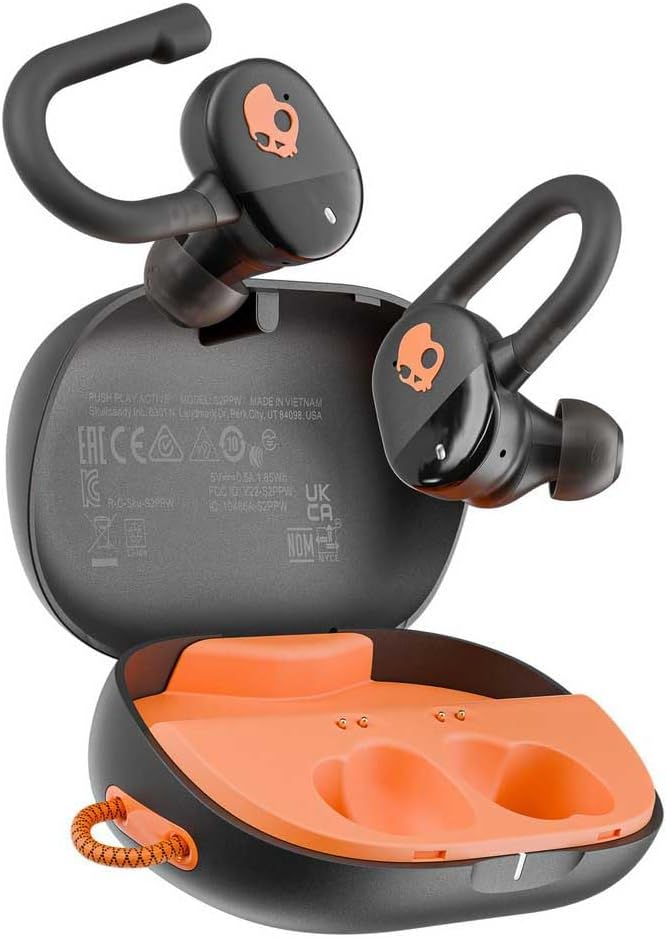 Skullcandy Push Play Active Wireless Earbuds, Bluetooth Headphones, Noise Isolating Fit, 34 Hrs Battery, Secure-Fit Over-Ear Hanger, Sweat Water Resistant, Microphone for iPhone Android - Black/Orange