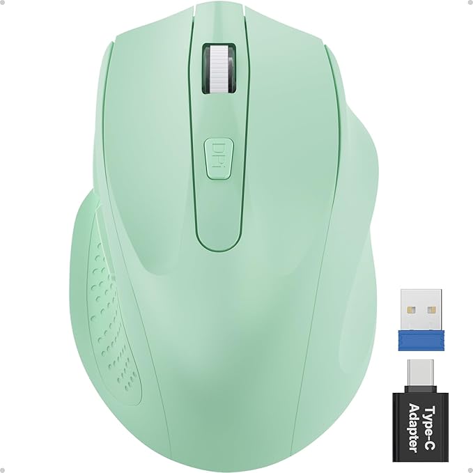 Green Wireless Mouse for Laptop, 2.4GHz Computer Mouse with USB-A Port &USB-C Adapter, Office Cordless Mice with 6 Buttons & 3 Level DPI for Small to Medium Hands, Work with PC, Desktop, Tablet - M21