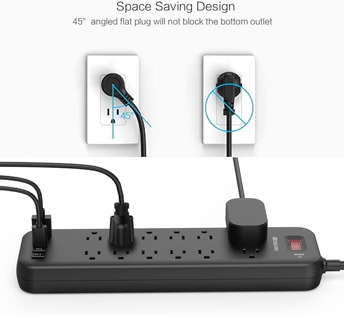 Power Strip Surge Protector with 12 Outlets & 4 USB Ports & 1 USB-C Port (5V/3A), 2360 Joules, Angled Flat Plug, Spaced Outlets & ETL Listed Power Outlet for Home Office - Black