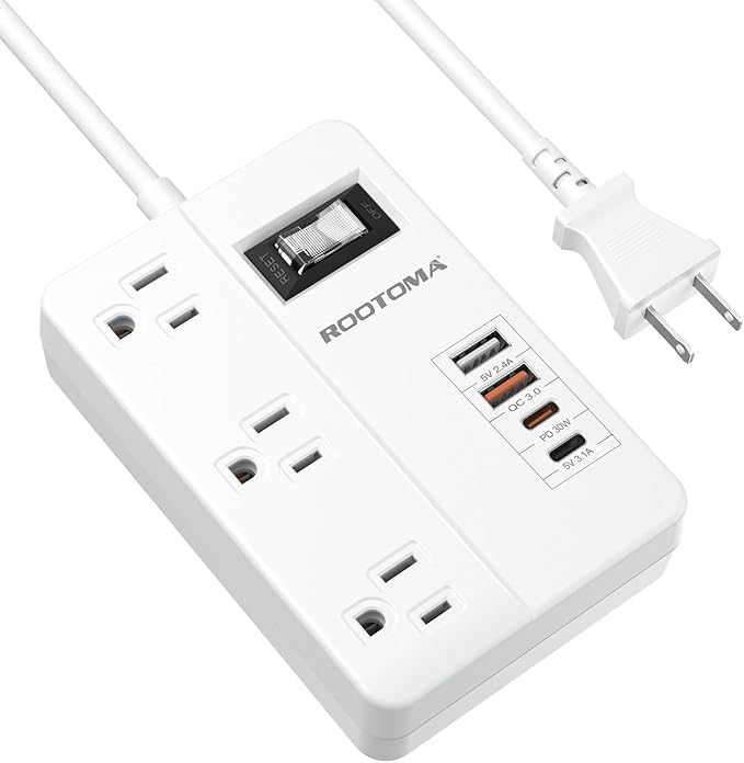PD 30W 2 Prong Power Strip with USB-C, ROOTOMA 2 Prong to 3 Prong Outlet Adapter with Switch on Off, 3 Outlet & 4 USB Ports, 3 Prong Adapter 4ft, for Polarized Three Prong Adapter Plug, White
