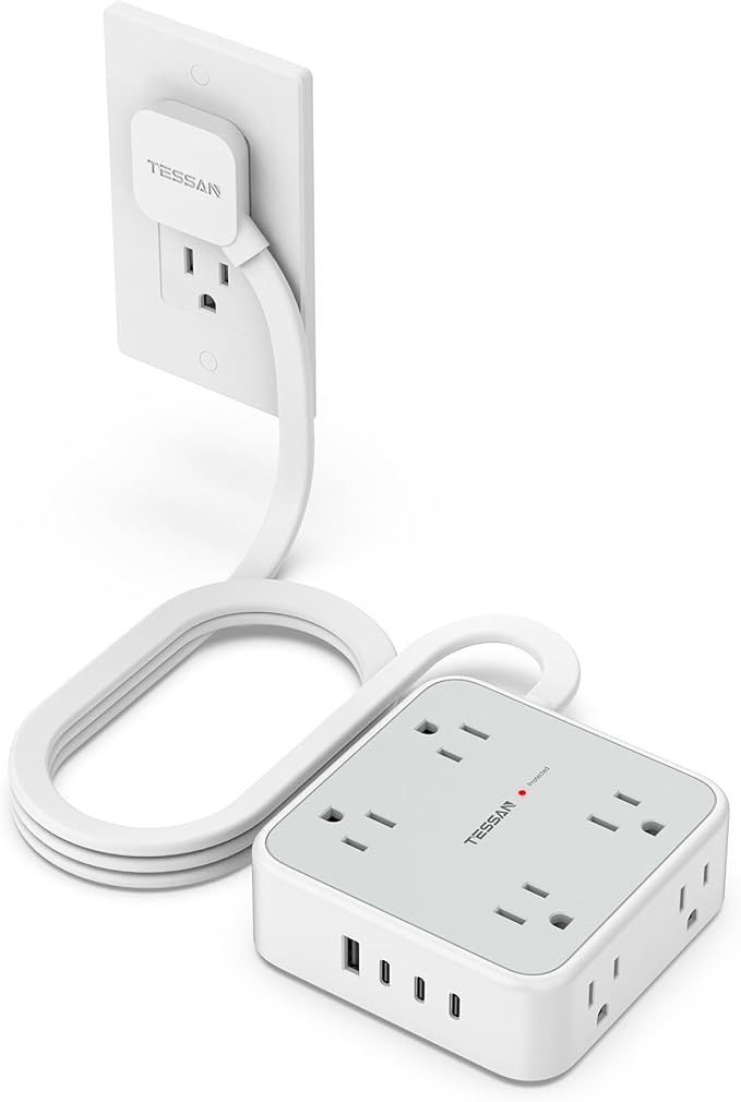 TESSAN Surge Protector Power Strip, 5 Ft Flat Plug Extension Cord with 4 USB (3 USB C) 8 Outlets, 1250W, 900J Protection, 3 Sided Outlet Extender with Power Switch for Office, Dorm Room, Grey