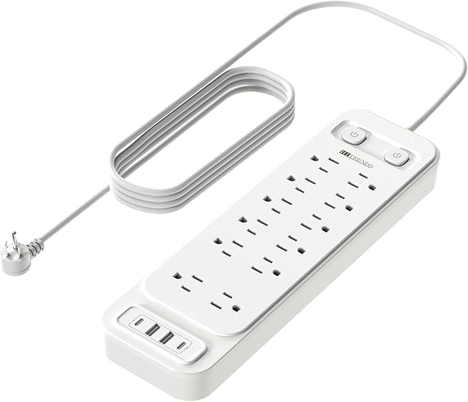 HITRENDS 12-Outlet Surge Protector Power Strip with 2 USB A + 2 USB C, 6FT Flat Plug Extension Cord, Dual Switches, Wide Spacing, 1250W/10A Multi Plug Outlet for Home Office Dormitory, White