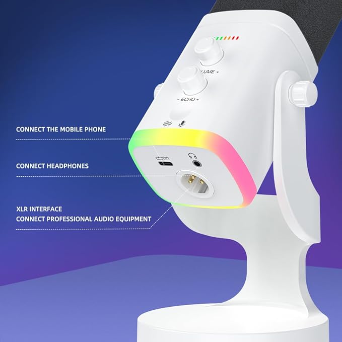 YU8-white Dynamic Microphone - USB/XLR RGB Mic with Echo Adjustment, Mute Key & Monitoring Jack, Desktop Microphone for PC Gaming, Streaming & Chat