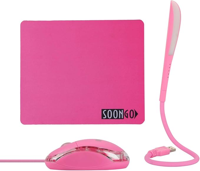 Pink Mouse and Pad USB LED Light 3 in 1 Gift Comb Kids Mouse for Laptop Home Office Travel by SOONGO
