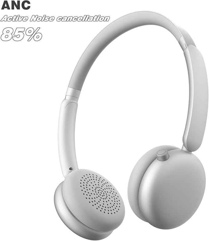 LC70 Small Wireless On-Ear Headphones – Lightweight Silver Headphones with USB-C Charging, Enhanced Bass Technology, 60H Battery with Hybrid Active Noise Canceling Function