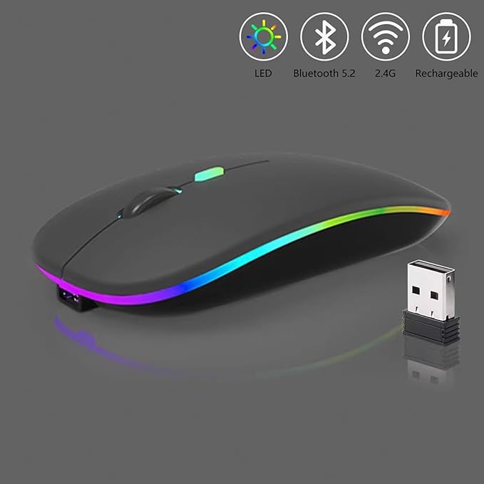 2 Pack Wireless Bluetooth Mouse,LED Dual Mode Rechargeable Silent Slim Laptop Mouse,Portable(BT5.2+USB Receiver) Dual Mode Computer Mice,for Laptop,Desktop Computer,Tablet,Phone,TV (Black+Grey)