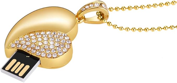 USB Flash Drive, Diamond Heart 8GB / 16GB / 32GB USB2.0 Waterproof USB Memory Stick Date Storage Pendrive Thumb Drives (16GB, Gold Heart)