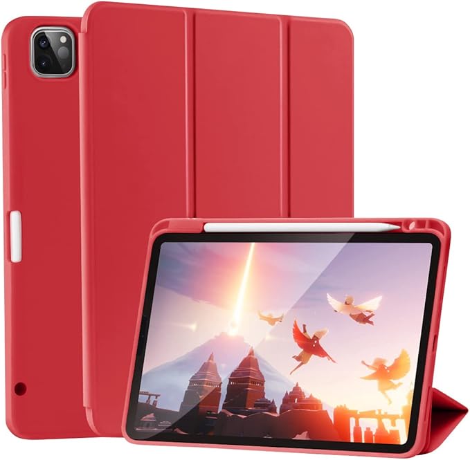 Case for iPad Pro 11 Inch 4th/3rd/2nd Generation 2022/2021/2020 with Pencil Holder [Support iPad 2nd Pencil Charging] Slim Trifold Stand Smart Protective Cover, Auto Wake/Sleep(Red)