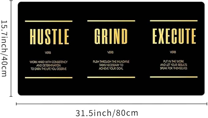 Black Gold Hustle Grind Execute Keyboard Mat Positive Saying Mousepad Office Long Mouse Pad Motivational Desk Pad Mouse Mat for Desktop Gamer Guy Boys Mens Office Accessories 31.5"x15.7"