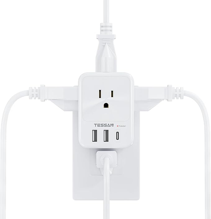 TESSAN Surge Protector Wall Outlet Extender, Multi Plug Outlet Splitter with 3 USB Charging Blocks(1 USB C), Multi Plug Wall Charger for Home, Office, School, College Dorm Essentials, White