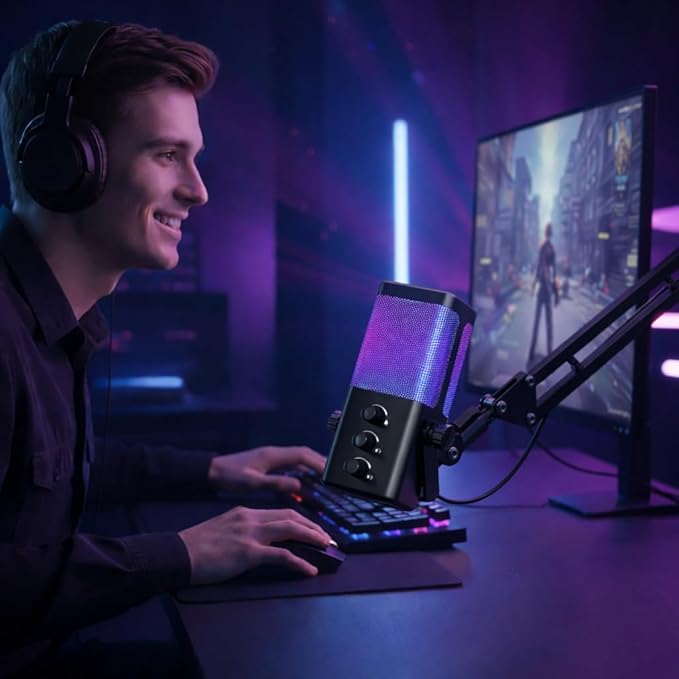 M7 USB Gaming Microphone with Boom Arm - Professional RGB Condenser Mic for PC/PS5 - Triple-Knob Control (Mic Gain, Headphone Vol, Monitor Mix) - Zero Latency Streaming Kit Mic Black