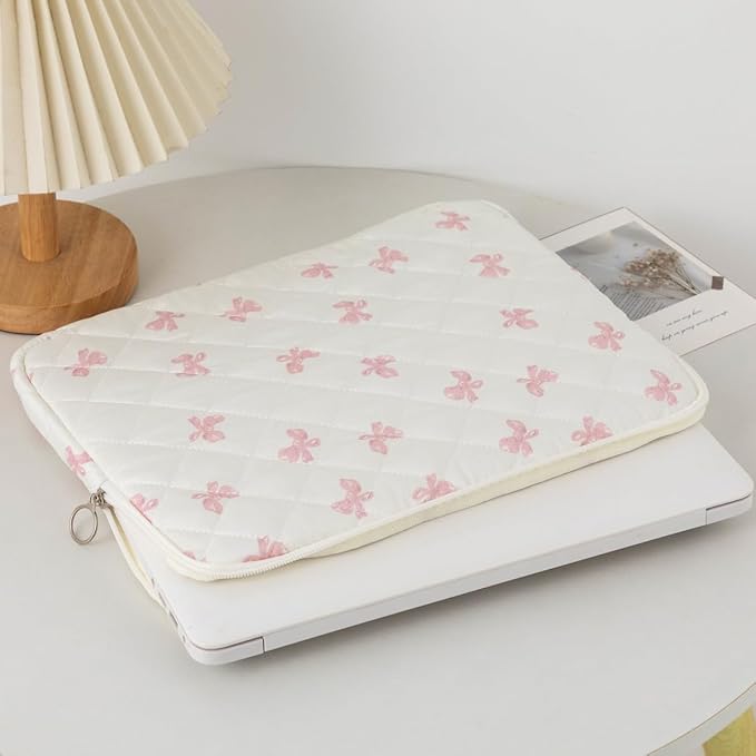 Cutecore Bow Puffy Quilted Laptop Sleeve Y2K Preppy Tablet Protective Case Girly Coquette Aesthetic Notebook Pouch (Pink,11 inch)