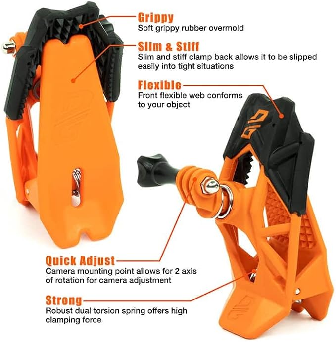 Dango Design Gripper Mount for GoPro/Osmo/Insta360 | Universal Helmet Clamp Mount for Action Cameras | Dirtbike, Motocross, Enduro, Motorcycle, and ATV Helmets | Action Orange