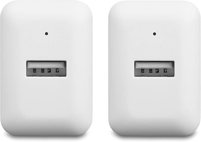 Amazon Basics 12W One-Port USB-A Wall Charger (2.4A), Portable, for Phones (iPhone 16/15/14/13/12/11/X, Samsung, and more), 2-Pack, White