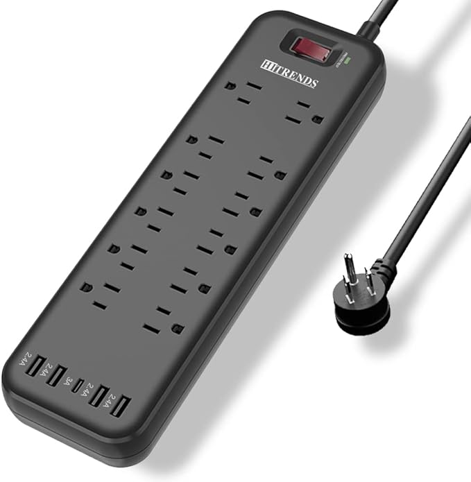 Power Strip Surge Protector with 12 Outlets & 4 USB Ports & 1 USB-C Port (5V/3A), 2360 Joules, Angled Flat Plug, Spaced Outlets & ETL Listed Power Outlet for Home Office - Black