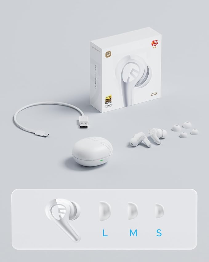 SoundPEATS C30 Hybrid ANC Earbuds with LDAC Hi-Res Audio, 52H Playtime -52dB Adaptive Noise Cancelling Earbuds, 6-Mic Clear Call, 12mm Driver, Bluetooth 6.0, Multi-Point, IP54 for Daily Use - White