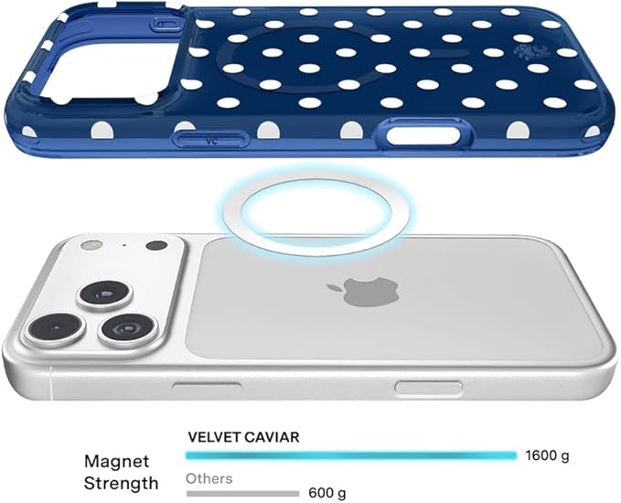 VELVET CAVIAR Case for iPhone 17 Pro Max | Compatible with MagSafe | 10ft Drop Tested | Silver Holographic Phone Cases | Midnight Polka Dot